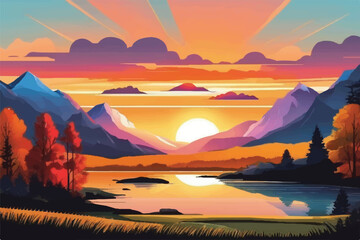 Sunrise in a beautiful nature landscape. Vector illustration Background.  Serene Sunrise. Nature. Lake. 