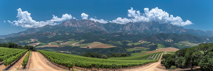 A breathtaking panoramic view of rolling vineyards and agricultural fields set against a backdrop of majestic mountain ranges under a vibrant blue sky