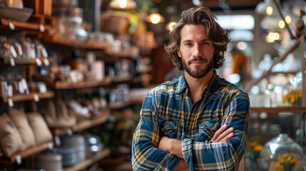 Bearded man in plaid shirt standing confidently in rustic store