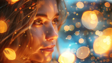 Close-up of woman's face with bokeh lights and golden tones