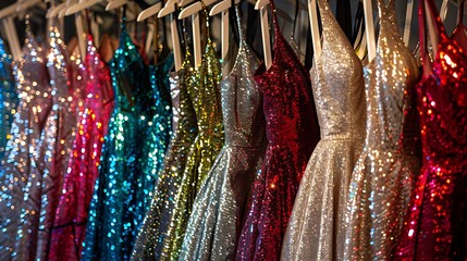 A rack of glamorous sequined cocktail dresses in bold metallic hues, with plunging necklines and figure-flattering silhouettes