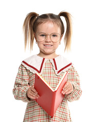 Cute little girl with book on white background