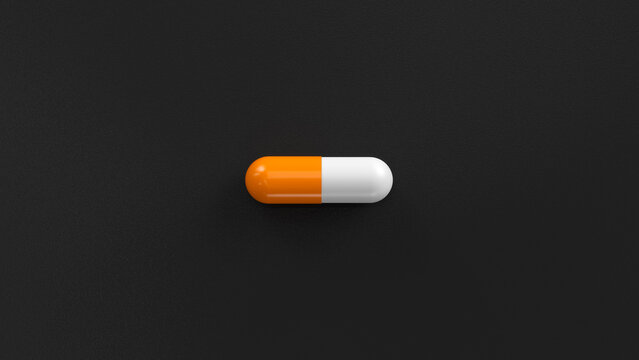 White orange single pill isolated on a black background. Tablet, pill capsule top view, flat lay. 3d render illustration 