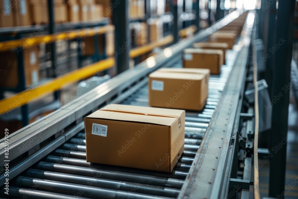 Poster An automated warehouse utilizes a conveyor belt system to transport cardboard boxes efficiently. This industrial setup is a part of logistics, automation, and supply chain management