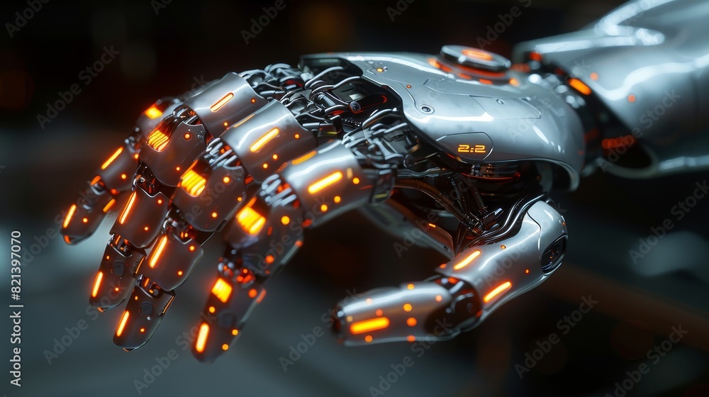 Poster advanced robotic hand with glowing elements - this image captures a highly detailed robotic hand wit
