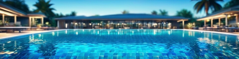 The image presents an abstract, blurred vision of leisure and relaxation, with the cool blue of a swimming pool contrasting the warm tones of a tropical evening.