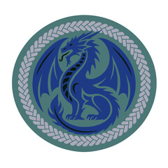 A blue dragon with green background, vector logo in the shape of a circular border, with a braided border in the Celtic style