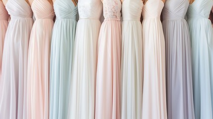 Rows of elegant chiffon bridesmaid dresses in soft pastel shades, each one featuring a flattering...
