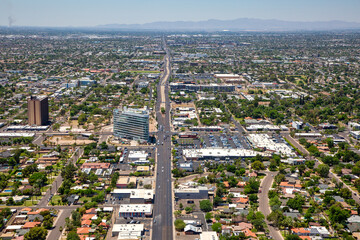 Aerial view looking west along Camelback Road towards Central Ave in Phoenix, Arizona