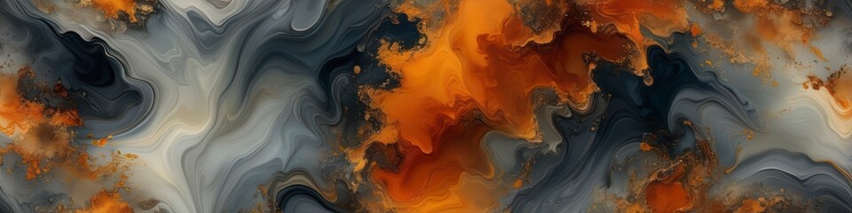 This abstract background features a mesmerizing blend of gray and orange paint swirls, creating a marbled effect that is both elegant and dynamic.