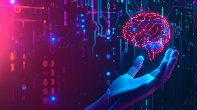  Circuit board in shape electronic brain with gyrus, symbol ai hanging over hand.