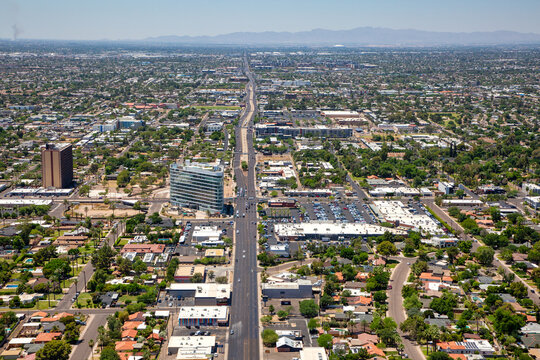 Aerial view looking west along Camelback Road towards Central Ave in Phoenix, Arizona