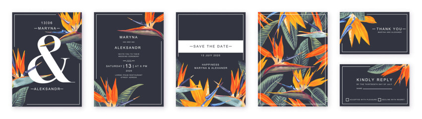 Floral wedding invitation card design template, bright Strelitzia flowers. Design template with high detail, vector, realistic tropical flowers. Place for text. Save the Date and RSVP Collection.