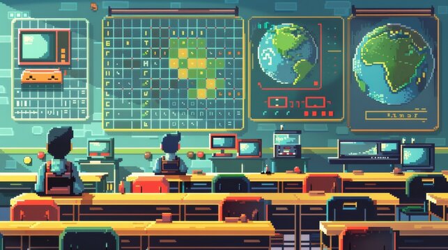 Pixel art of a gamer working at his desktop with a view of nature outside