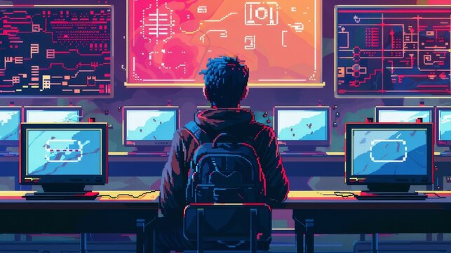 Pixel art of a gamer working at his desktop with a view of nature outside