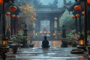 A peaceful temple courtyard with ancient stone walls and lanterns, where a person sits in silent meditation, finding solace and stillness in the sacred space.