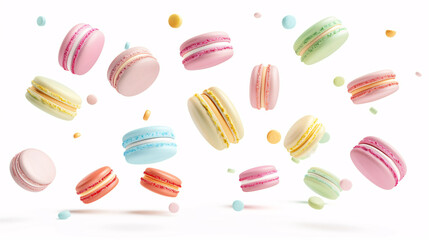 Obraz premium Colorful Flying Macarons with Candies Isolated on White
