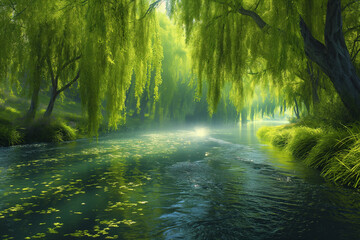 A tranquil riverbank with weeping willows and gentle water flow, where a person engages in walking meditation, each step mindful and deliberate.
