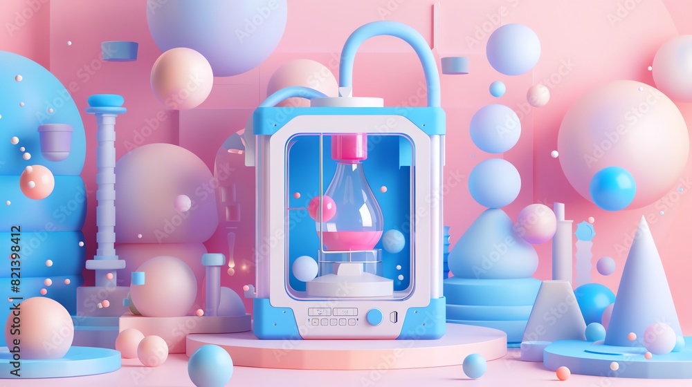 Aufkleber 3d rendering of a pink and blue 3d printer in a whimsical and colorful setting.