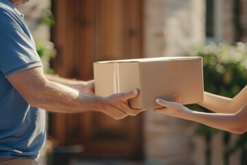 A cardboard box is being delivered outdoors, symbolizing a courier or logistics service for sending and receiving packages. It represents a delivery transaction as part of a shipping support system