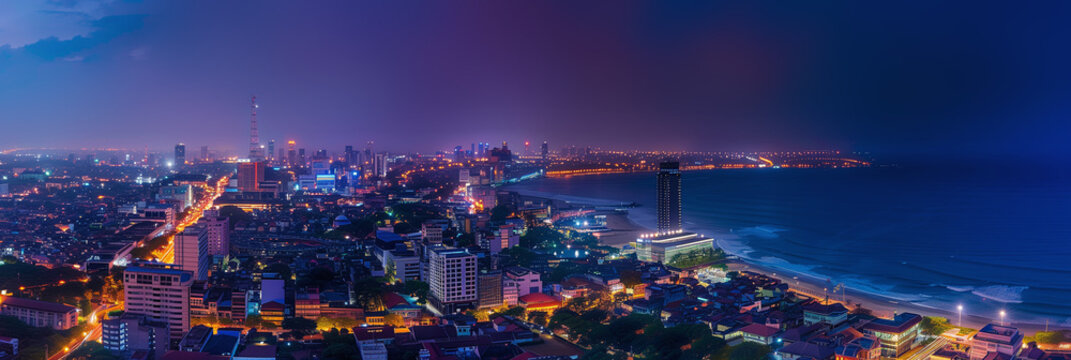 Stylized Night Panorama of Colombo Cityscape and Coastline
