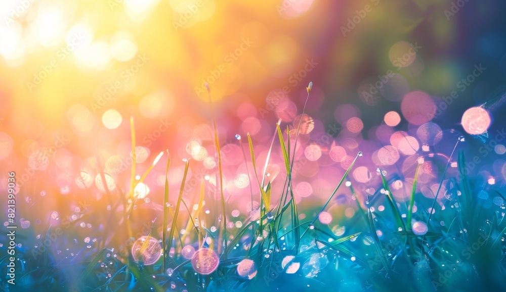 Poster abstract blurred spring background with bokeh light effect and green grass in sunlight blurred natur