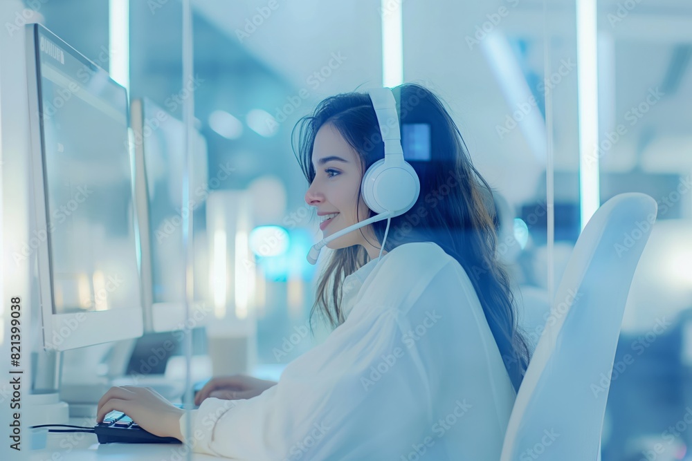 Aufkleber in a modern office, a female customer support agent is seen efficiently working with a computer and 