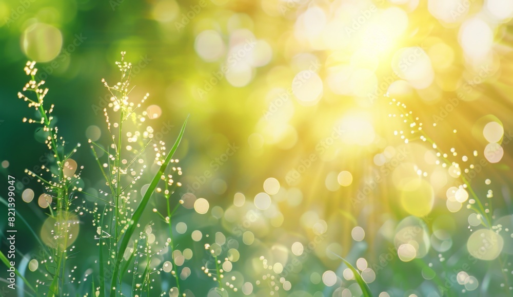 Poster abstract blurred background with bokeh and sunlight in a green spring meadow blurred background with