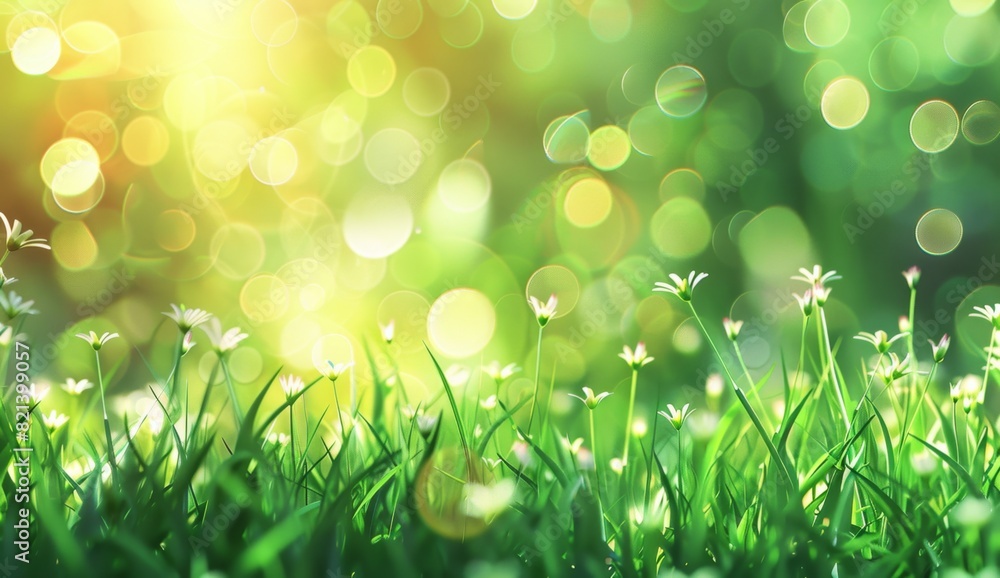 Poster abstract blurred background with bokeh and sunlight in a green spring meadow blurred background with