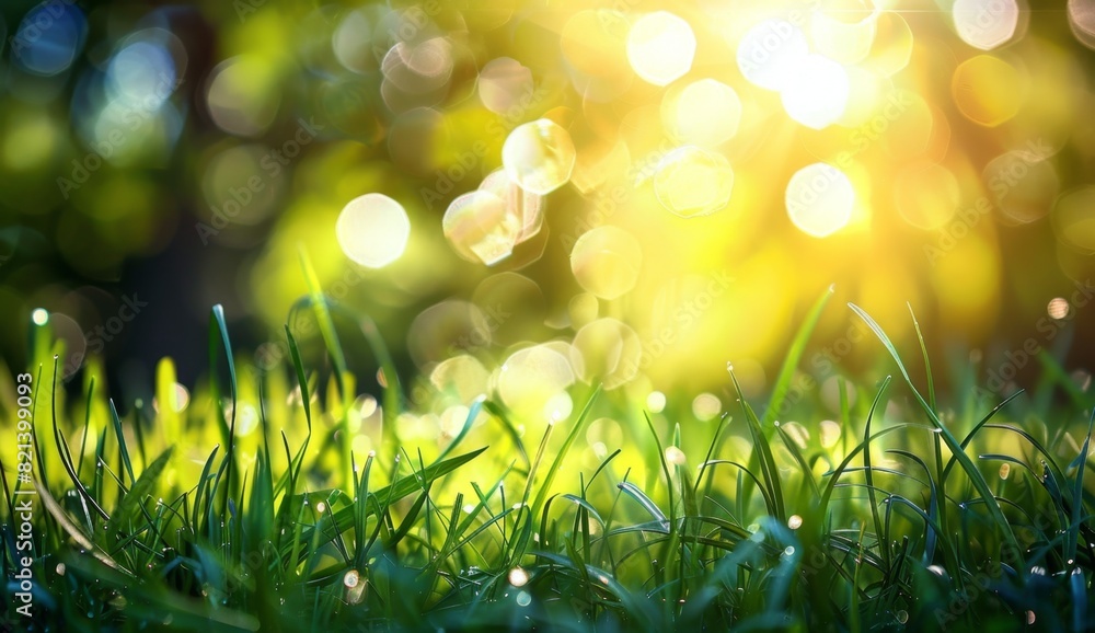 Poster abstract blurred spring background with bokeh light effect and green grass in sunlight blurred natur