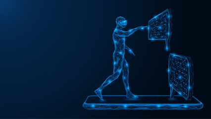 Person standing on the phone screen controls the messages. Polygonal design of interconnected elements. Blue background.