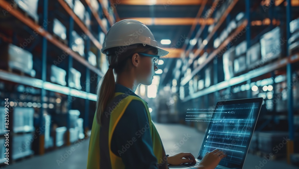 Poster in a modern warehouse, a female engineer wears safety gear while using a laptop for data analysis. s