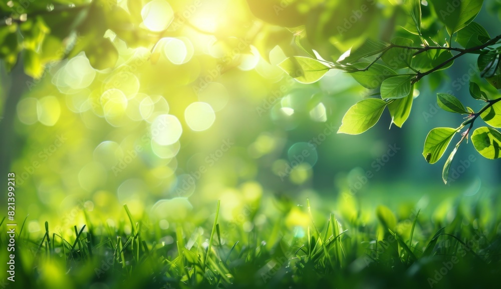 Poster abstract blurred spring background with bokeh effects, green grass and sunlight spring nature blurre