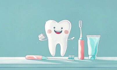 Cute cartoon tooth with a toothbrush, toothpaste, and a happy face, promoting dental hygiene and oral care. Perfect for dental health themes.