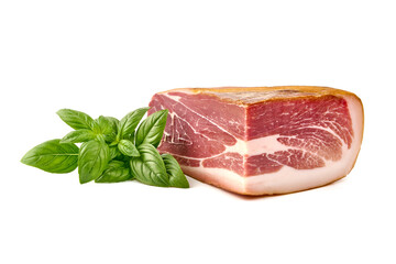 Delicious Serrano ham, cured jamon iberico, isolated on white background