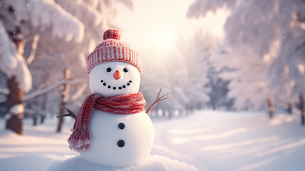 Landscape with snowman in the snow. Christmas season. Space for text