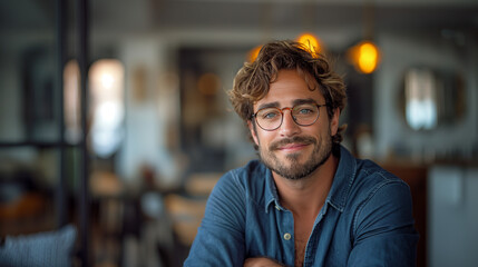 Portrait of handsome man with glasses sitting at table in apartment and looking to camera smiling, soft focus photography, professional color grading, clear sharp focus