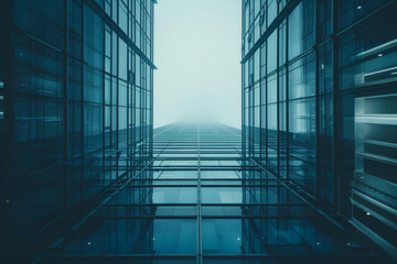 A modern office building with a blue glass facade illuminated. This black and white photo of a tall building with a lot of windows is a stunning depiction of urban architecture .