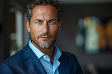 A headshot showcasing the intelligence and analytical skills of a savvy entrepreneur. Concept of strategic decision-making in business. Generative Ai.