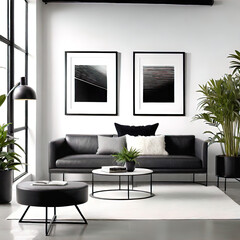 The stylish white wall throughout the stage has a subtle texture and modern appeal, hanging two large identical black steel frames, a sleek industrial design with rounded corners.