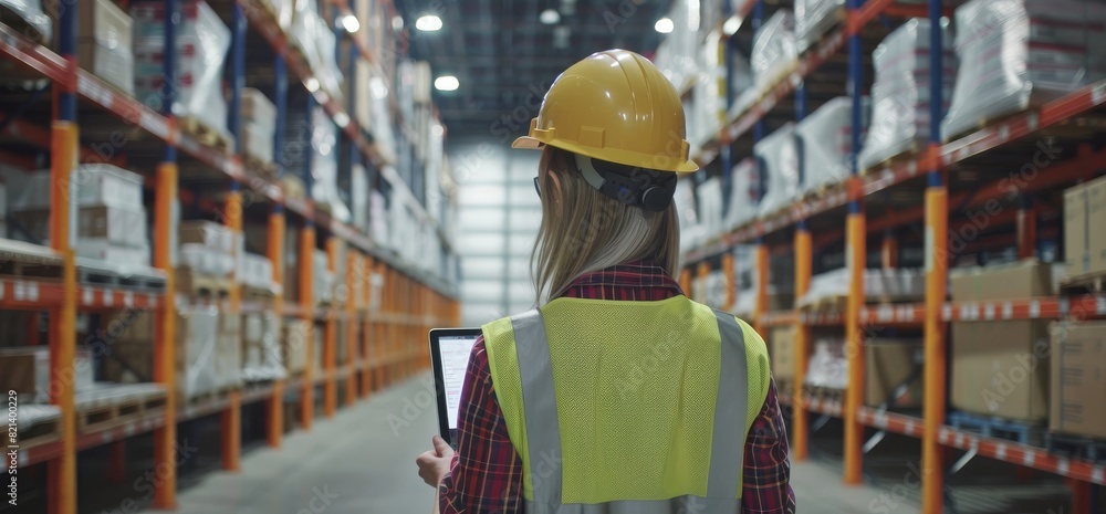 Aufkleber a female worker is using a tablet to inspect inventory in a warehouse. she wears safety gear like a 