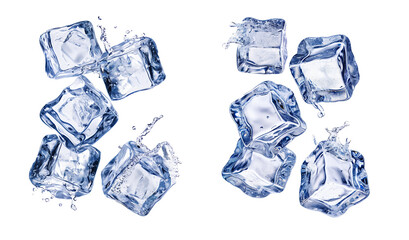 Set of ice cubes falling isolated on transparent background
