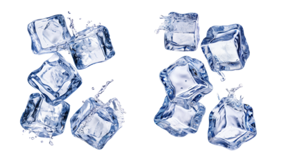 Set of ice cubes falling isolated on transparent background