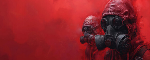 Soldiers in gas masks against red background