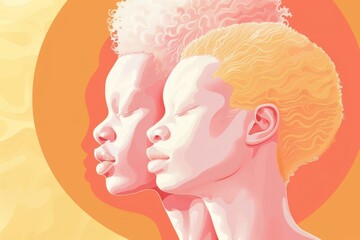 horizontal banner, flat illustration, International Albinism Awareness Day, portrait of two young blond boys with closed eyes, light yellow background, copy space, free space for text