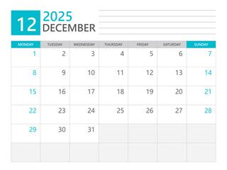 December 2025 template, Calendar planner 2025, week start on Monday, Desk calendar 2025 year, simple planner and clean design, Wall calendar design, Corporate planner template, print media vector