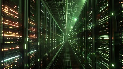 Server rack corridor in a data center for technology or science themed designs