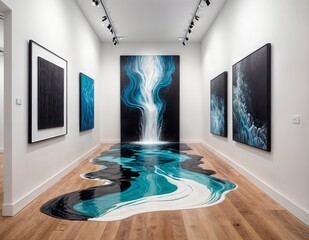 long gallery with a wood floor displays a large painting of a waterfall in the center, with other black and blue paintings on the walls.