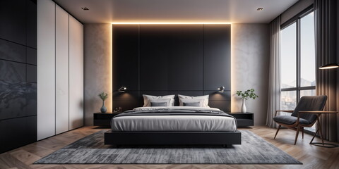 modern bedroom with a black and white color scheme, large windows, and a gray rug.