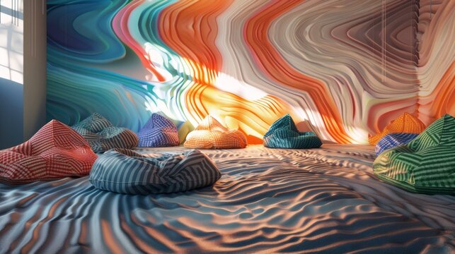 A lounge area with bean bags and cushions arranged in a chaotic and nonlinear pattern reflecting the unpredictable and unstable nature of a quantum foam.